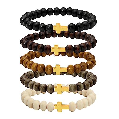 5 Pcs Wooden Beaded Bracelet Bangle for Men and Women Elastic - style: Gold Cross