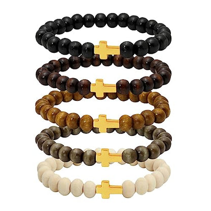 5 Pcs Wooden Beaded Bracelet Bangle for Men and Women Elastic - style: Gold Cross
