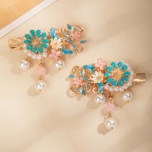 A Pair Wedding Hair Clips, Handmade Floral Design Crystal Hair Clips Pearl Barrettes, Rhinestones Flower Clips Pearl Headpieces Hair Pins Hair Accessories for Women Girls (Blue Flower) - color: Blue Flower