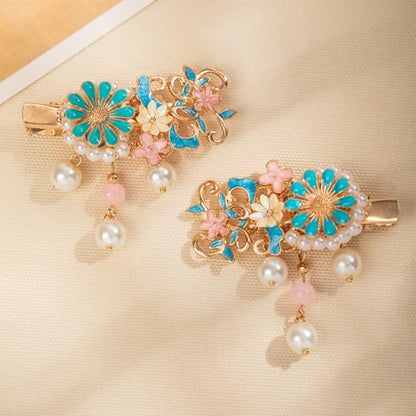 A Pair Wedding Hair Clips, Handmade Floral Design Crystal Hair Clips Pearl Barrettes, Rhinestones Flower Clips Pearl Headpieces Hair Pins Hair Accessories for Women Girls (Blue Flower) - color: Blue Flower