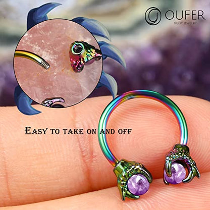 OUFER 316L Surgical Steel Circular Earrings Two White Opals Surrounded by Dragon Claws Cartilage Earing Ear Body Piercing Jewelry Helix Earrings Piercing… - color: Rainbow Purple