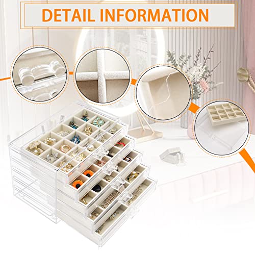 Acrylic Jewelry Box 5 Drawers Clear Earring Storage Organizer Display Case - color: Beige 5 Layers