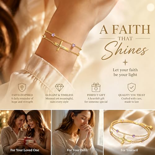 Midari 18K Yellow Gold Gemstone Birthstone Anklet Bracelet Cross Jewelry with 12 Months Birthstone Birthday Gifts for Women Wife Her Daughter Mom - color: 06-Light Violet, size: Bracelet 7"-9"