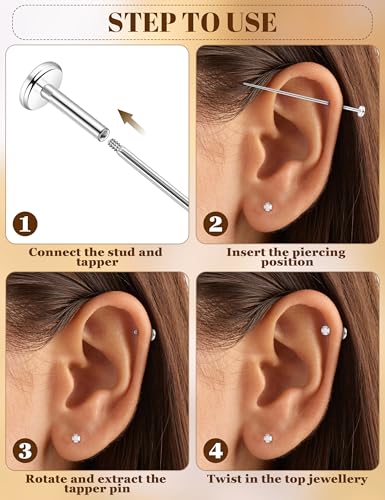 12Pcs 16G/18G Flat Back Cartilage Stud Earrings 18K Gold Plated Helix Stud Earrings for Women 316L Surgical Steel Internally Thread Hypoallergenic Labret Tragus Conch Lip Piercing Jewelry - color: Silver, size: 18G(1.0mm)