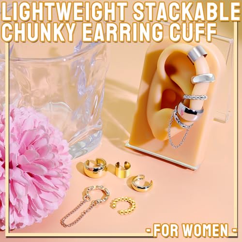 5 Pcs Thin Chunky Ear Cuff Earrings for Women 14K Gold Plated Brass Ear Cuffs Non Piercing Trendy Clip on Cartilage Earrings Cubic Zirconia Fake Piercings Earrings Jewelry - color: Chunky,Chain Gold