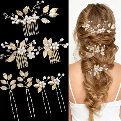 7 Pcs Gold Leaf Bridal Hair Pin Clip Crystal and Pearl Vintage Headpieces Wedding Hair Jewelry for Brides Bridesmaids and Flower Girls(Gold Leaf)