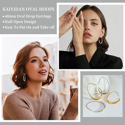 2 Pairs Gold/Silver Hoop Earrings For Women Set Trendy,14K Plated Gold Chunky Huggie Hoop Earings Pack,Oval Twisted Statement Silver Hoops,Fashion Jewelry Gift - color: 1) oval hoop