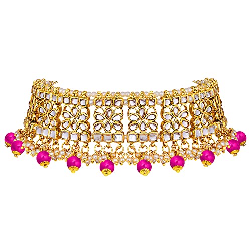 Aheli Elegant Indian Faux Kundan Studded Choker Necklace with Maang Tikka Set Ethnic Wedding Wear Bharatanatyam jewellery set Gift for Women - color: Rani Pink