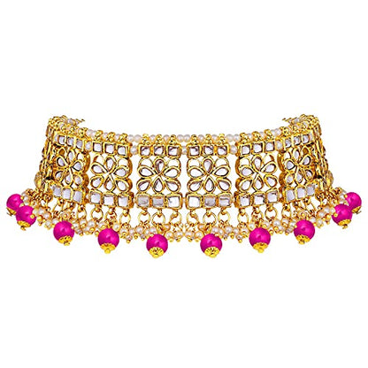 Aheli Elegant Indian Faux Kundan Studded Choker Necklace with Maang Tikka Set Ethnic Wedding Wear Bharatanatyam jewellery set Gift for Women - color: Rani Pink