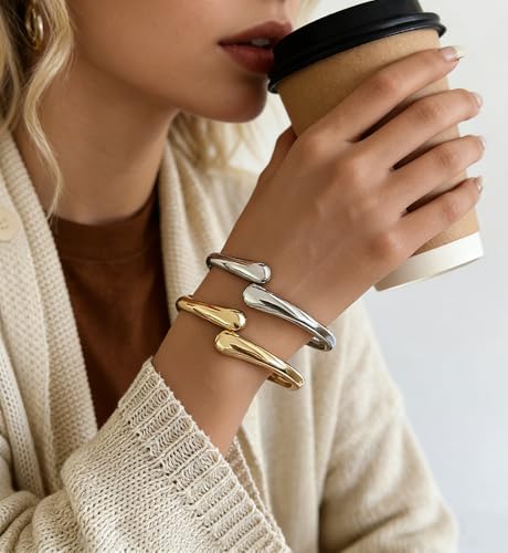 Chunky Gold Bangle Bracelets for Women, Dainty 14k Gold Plated Big Stackable Bangles Set, Trendy Statement Cuff Bracelet Stack Fashion Jewelry Gifts - style: 2 Silver & gold thin bangles