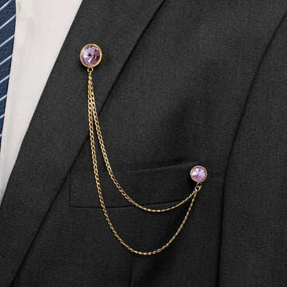 HAWSON Birthstone Brooch Pin for Men with Hanging Chain & Crystal, Mens Gold Tone Lapel Pin for Wedding/Birthday/Party Dress Suits Accessories - color: June Lavender
