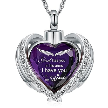 shajwo Cremation Heart Urn Necklace Ashes Jewelry for Women Men Keepsake Pendant Memorial Locket Ash Holder - color: Wing-G Purple