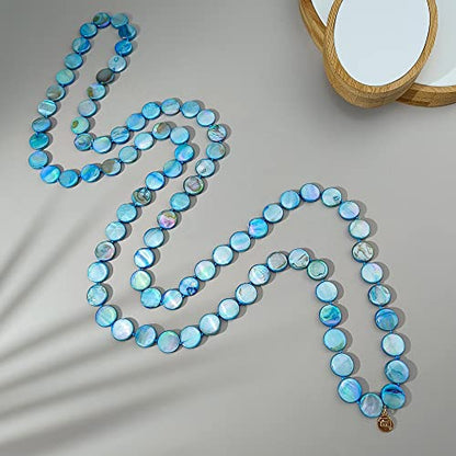 Firstmeet Flat Round Coin Shell Beads Long Knotted Necklace Natural Mother of Pearl Handmade Jewelry For Women - color: Blue AB