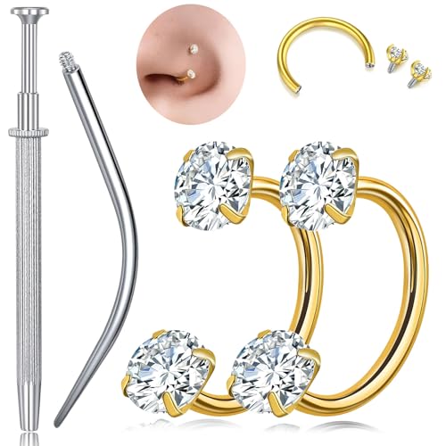 G23 Titanium Horseshoe Nose Ring 20G, 2 Pcs Double Gem Nose Ring for Women, 6mm 7mm 8mm Hypoallergenic Horseshoe Nose Rings Helix Tragus Earring Hoops Labret Lip Piercing Jewelry Small Septum Rings - color: 20G-6mm-2 Pcs Gold--White CZ