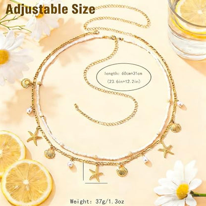 Gold Starfish Waist Beads for Women - Adjustable Layered Waist Chain Bohemian Shell Beaded Bikini Belly Body Chain for Summer Beach Vacation & Boho Accessories - style: Style 1