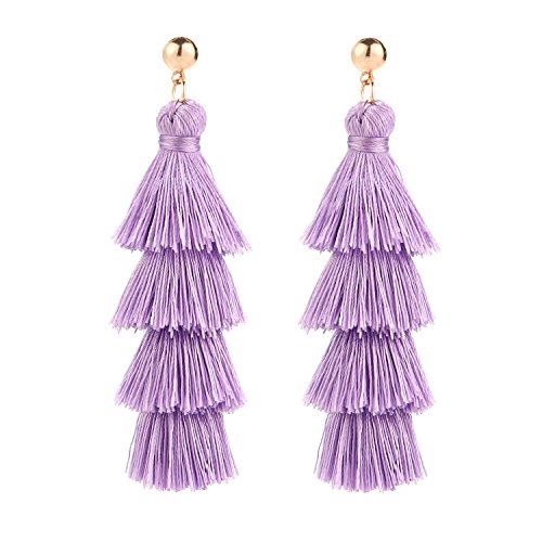 BaubleStar Bohemian Layered Tassel Drop Earrings for Women | Lightweight Statement Party Festival Jewelry - color: Lavender