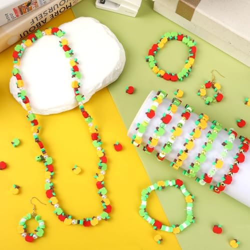 300Pcs Apple Shaped Clay Beads Back to School Jewelry Craft Kit | Polymer Clay,First Day of School Beads,Mini Apple Jewelry Making, DIY Bracelets Earring Bulk - color: Red Green Yellow