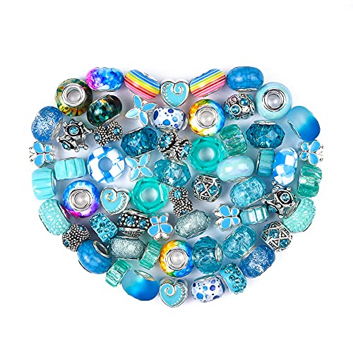 Aipridy European Large Hole Beads, Colorful Glass Charm Beads Set, Assorted Patterns and Designs Rhinestone Craft Beads for DIY Bracelet Jewelry Making (60, Sky Blue Resin+Alloy) - color: Sky Blue Resin+Alloy