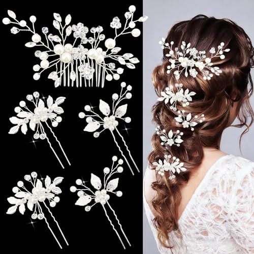 5 Pcs Silver Bridal Hair Accessories Set Pearl Crystal Wedding Hair Pins Hair Comb with Vintage Leaf Design Elegant Headpiece for Brides Bridesmaids Wedding Occasions (Silver) - color: Silver