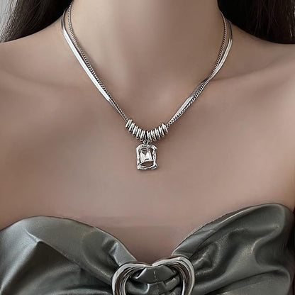 Modern Layered Snake and Curb Chain Necklace for Women, 18K Gold Plated Silver Tone Geometric Rectangular Crystal Pendant, Industrial Chic Bead Accents, Edgy Fashion Jewelry for Parties and Night Out
