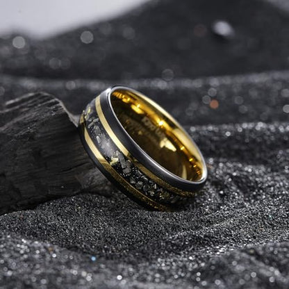 King Will Black Tungsten Rings for Men Hammer Wedding Band | Black, Grooved, Hammer Wedding Band Gold Groove, Sand Inlay, Everyday Wear - color: Meteorite & Golden Foil