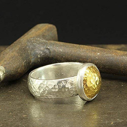 Dome Pebble Ring 925 Sterling Silver 24K Gold Vermeil Two-tone Hammered Handcrafted Designer Hand Forged Half Round Band Ring