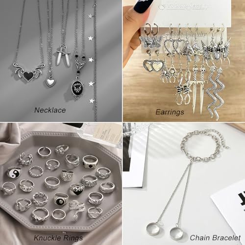 KISS WIFE Gothic Jewelry Set for Women, Necklace Earrings Rings Bracelet | Vintage silver-tone necklaces, earrings, rings and a chain bracelet feature snake, heart, butterfly and dagger designs.