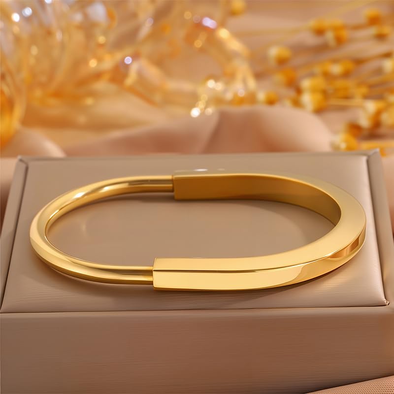 Gold Bracelet for Women Lock Inspired Design, Stainless Steel Open Cuff Bangle, Minimalist Statement Gift Jewelry