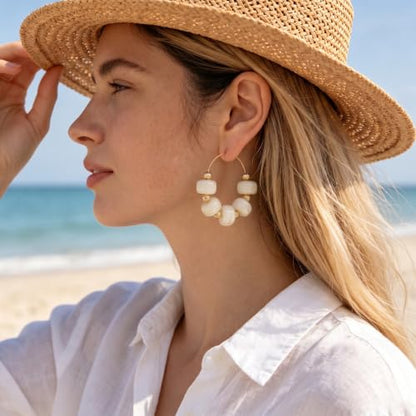 Colorful Beaded Earrings for Women Beaded Hoop Earrings | Chunky Acrylic Resin Boho Statement Drop Earrings Trendy Summer Beach Jewelry Accessories Gifts - color: White