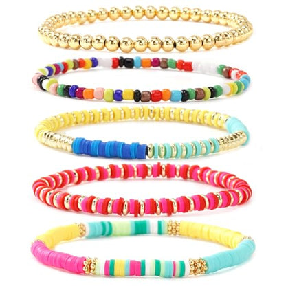 Colorful Gold Plated Stackable Ball Seed Beaded Bracelets Set For Women, Boho Handmade Romantic Stretch Accessories Jewelry, Daily Wear Holiday Party Friendship Gift - color: Heishi