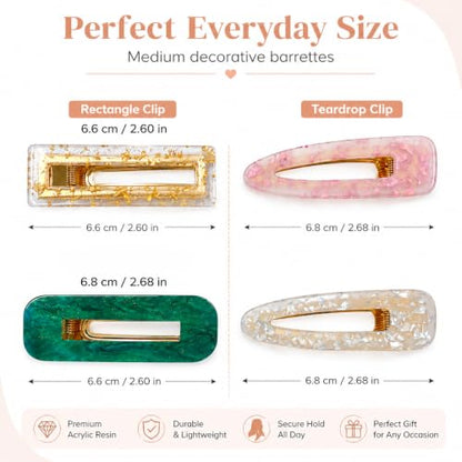 Parcce 12 Pcs Acrylic Resin Marble Hair Clips for Women Girls, 2.60-2.68 Inch Medium Decorative Barrettes, Rectangle & Teardrop Side Hair Clips with Metal Clip for Daily Styling
