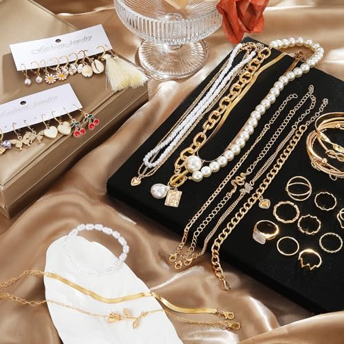17IF 53 PCS(8 PACK) Silver Plated Jewelry Set for Women，4 Styles | with 6 Necklace 11 Ankle Bracelet 30 Kunckle Ring 6 Pair Earring Hoop Vintage Boho Pearl Birthday Travel Holiday - style: Classic
