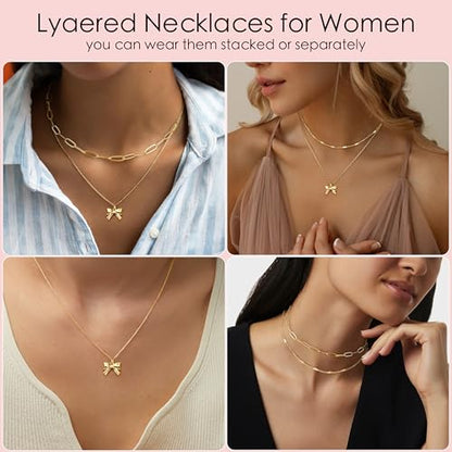 Poxtex Layered Gold Necklaces for Women, Stackable Dainty 14K Gold Silver Plated Trendy Simple Heart Diamond Cross Bow Circle Pendant Paperclip Choker Dot Chain Necklace,Jewelry Set Gifts for Women - color: Gold, style: Bow1