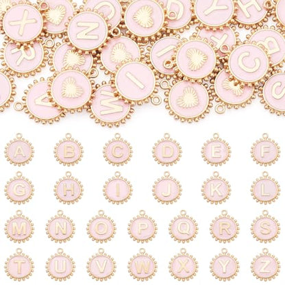 Cheriswelry Letter Alphabet Charm for Jewelry Making Initial Letter A-Z Pendants Flat Round Hexagon Alloy Enamel Charms for Necklace Bracelet Earring Jewelry Making DIY Craft - color: Pink