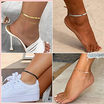 FindChic Elegant Herringbone Snake Chain Anklets/Bracelets 3MM/5MM Width Stainless Steel/18K Gold/Rose Gold Plated/Black 4 Color Options, 8.3'' 8.5'' 10.5'' Length, with Gift Box - color: A: 3mm 8.5'' anklet (Black)
