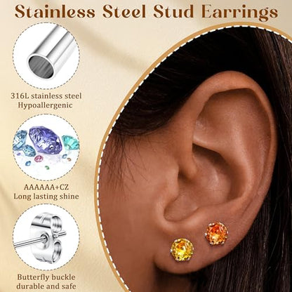 LOYALLOOK 12 Pairs Stainless Steel Cubic Zirconia Stud Earrings, Brilliant Cut Round CZ Earrings set, Birthstone Stud Earrings for Women - style: 6#: 6mm 12 pairs