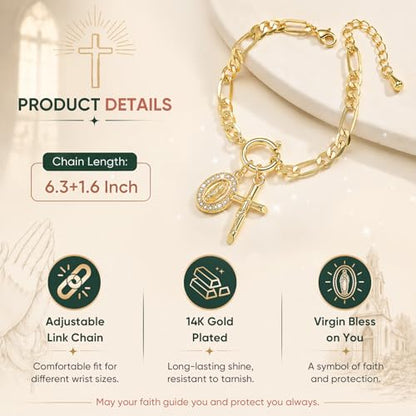 XUANPAI Virgin Mary Cross Bracelet for Women,14K Gold Plated Chain Bracelet,Virgen de Guadalupe Catholic Link Bracelet with Crucifix Charm, No Tarnish Religious Jewelry Gift for Baptism Confirmation - color: Gold-Figaro Chain