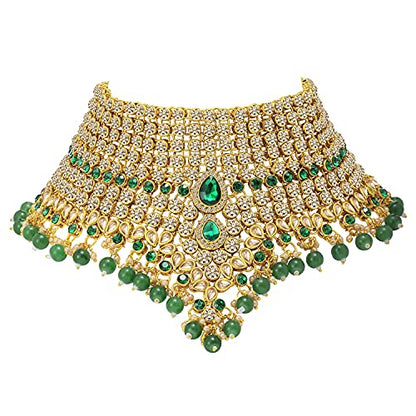 Aheli Bollywood Style Indian Bridal Choker Necklace Matha Patti Nose Ring Haath Phool Wedding Fashion Bharatanatyam jewellery set for Women - color: Champagne-Green