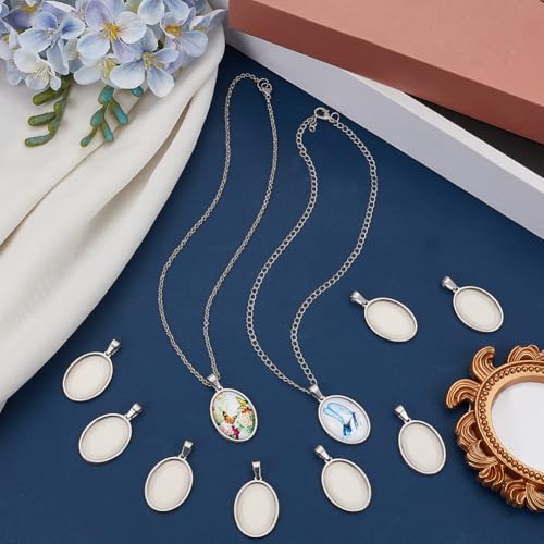 1 Box 10Pcs Oval Pendant Trays Stainless Steel Cabochon Blanks Silver 18 x 25mm Cameo Memorial Photo Charm Blank Cabochons Bezel Base Settings for Jewelry Making DIY Resin Craft Findings - style: silver oval