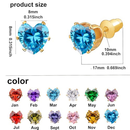 8mm Heart-Cut Birthstone Stud Earrings for Women – 18K Gold Plated Hypoallergenic Cubic Zirconia Earrings, Nickel Free, 12 Months Colors, Everyday Jewelry, Gift for Her, Bridal, Birthday, Christmas - color: 12 Dec Sapphire