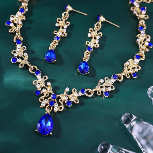Crystal Crown Jewelry Set for Women Bride Queen Tiara Earrings and Necklace | Metal Royal Crown Costume Jewelry Set Wedding Prom Quinceanera Party Pageant Halloween Retirement Christmas Birthday Gift - color: Blue