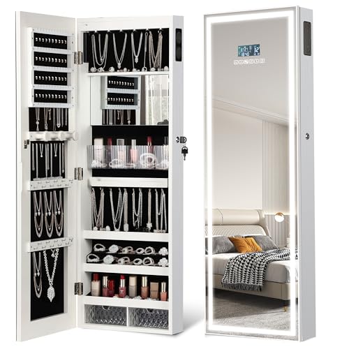 LED Mirror Jewelry Cabinet, Bluetooth Speaker, Full Length Mirror, White | Touch Screen, Defogging, Color Temperature & Timer Control; Lockable Storage with 2 Drawers; Wall or Door Mounted; 42.2" Tall