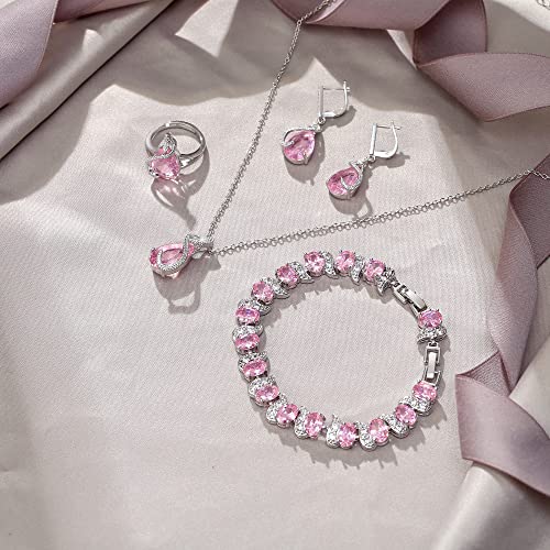 EVER FAITH Wedding Jewelry Set for Bride Bridesmaid, Glamour Teardrop Cubic Zirconia Pendant Necklace Earrings Tennis Bracelet Open Ring Sets for Birthday/Valentine's Day/Mother's Day/Christmas - color: A_Pink Silver-Plated-Brass