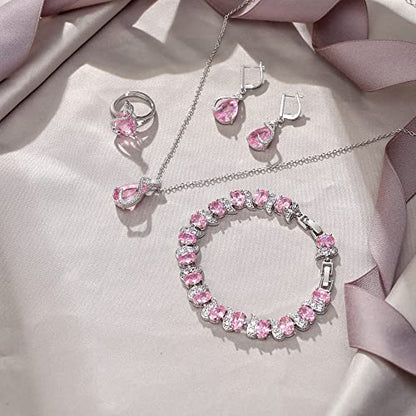 EVER FAITH Wedding Jewelry Set for Bride Bridesmaid, Glamour Teardrop Cubic Zirconia Pendant Necklace Earrings Tennis Bracelet Open Ring Sets for Birthday/Valentine's Day/Mother's Day/Christmas - color: A_Pink Silver-Plated-Brass