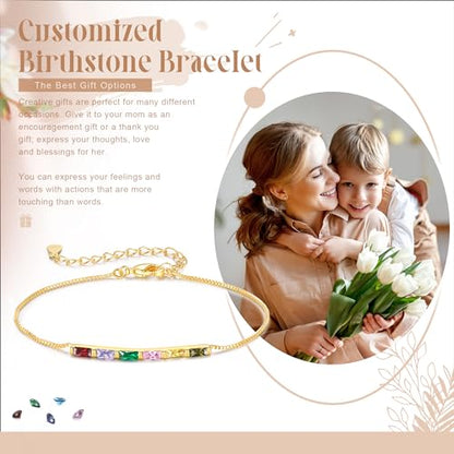 Sterling Silver Personalized 1-6 Birthstone Bracelet for Women Mothers Day Bracelet for Mom Daughter Custom Dainty Jewelry for Christmas Birthday Gift Ideas - style: Gold-6 stones