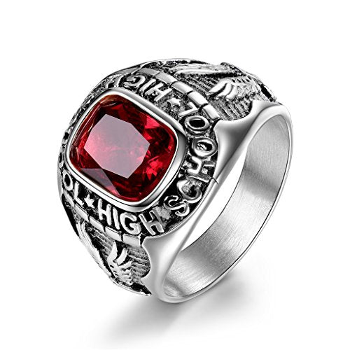 MASOP Retro Eagle Red Ruby Color Crystal Stainless Steel High School Rings for Men Silver Tone Size 8-15