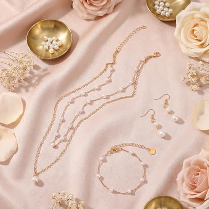 Yuanchu Gold Jewelry Set, Gold Copper Plated Pearl Necklace and Earring Set, Dainty Layered Choker, Adjustable Bracelet, Wedding Jewelry Sets for Brides