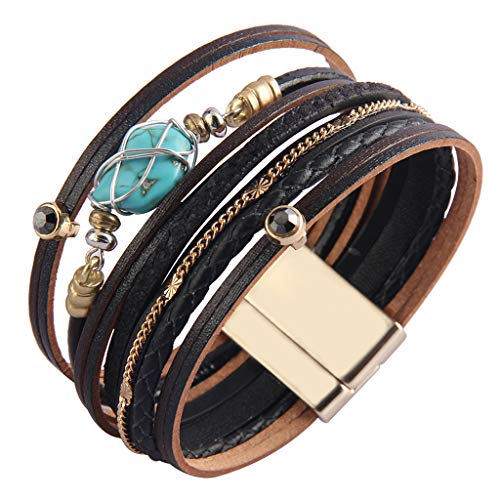 GelConnie Womens Leather Cuff Bracelet Feather Multi Strand Bracelet Wrap Bracelet Turquoise Boho Bangle Braided Leather Wristbands Bohemian Jewelry Gifts for Women Wife Sister - color: Black Leather Bracelet