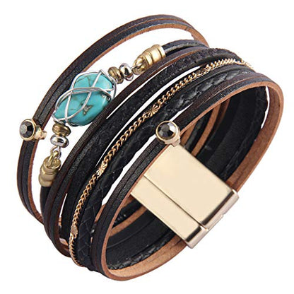 GelConnie Womens Leather Cuff Bracelet Feather Multi Strand Bracelet Wrap Bracelet Turquoise Boho Bangle Braided Leather Wristbands Bohemian Jewelry Gifts for Women Wife Sister - color: Black Leather Bracelet