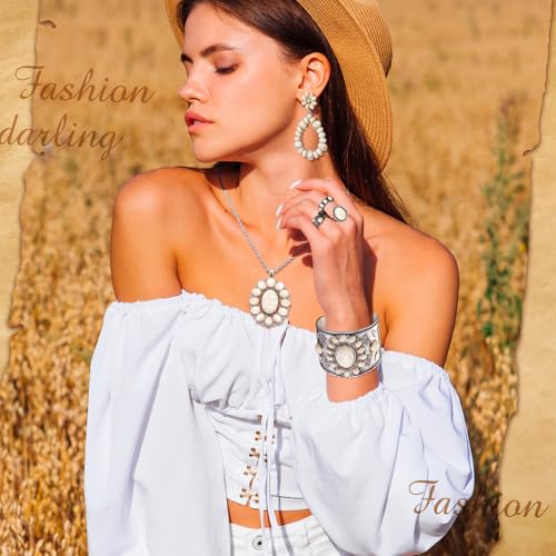 Ecally Bohemian Western Jewelry Turquoise Set Women Country Pendant Long Choker Layered Bracelets Earrings Ring for Women - color: White, style: Lovely
